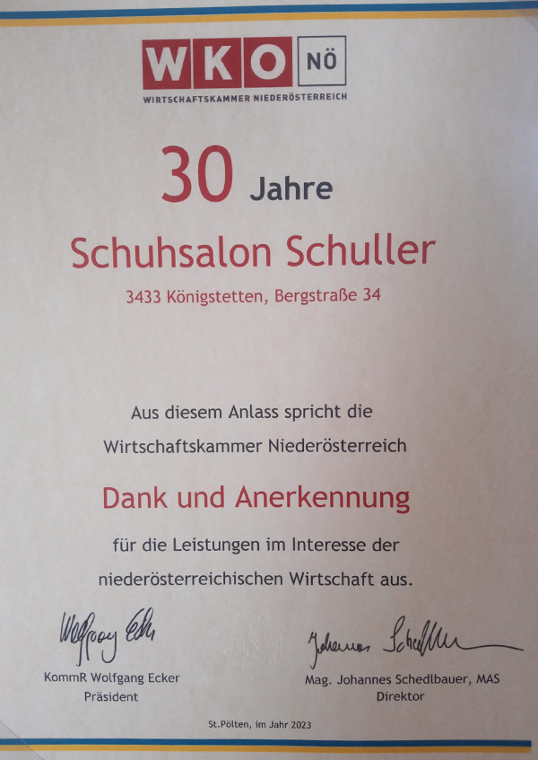 Schuhmacher Kurt Schuller 30 JAhre Jubiläum - WKO Auszeichnung